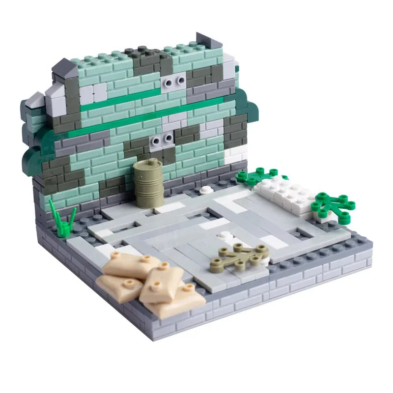 Une representation detaillee des combats de rue en Europe, avec barricades, debris et vehicules militaires en briques LEGO.